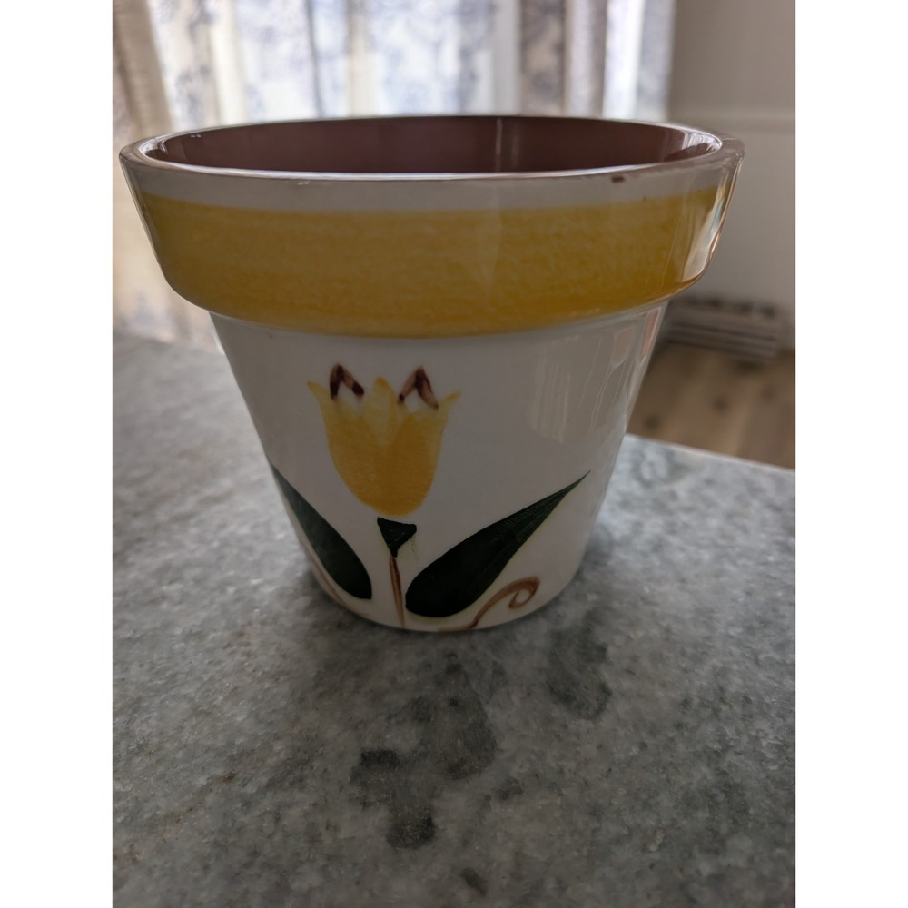 Stangl 5 inch White Flower Pot hand Painted Yellow Tulip Planter Made in USA